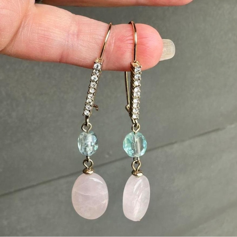 Dangle Earrings Pink Rose Quartz CZ and Green Bead